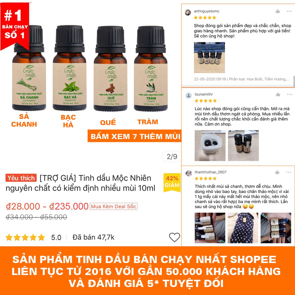 Tinh dầu 100ml Mộc Nhiên nguyên chất có kiểm định (chọn mùi)