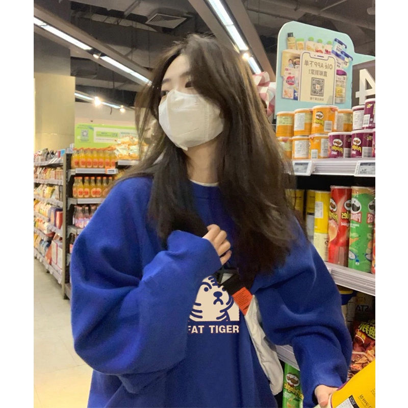 ZHELIHANGFEI Áo Thun Tay Dài Cổ Tròn Hoạ Tiết Hình Hổ Thiết Kế Dáng Rộng Thoải Mái