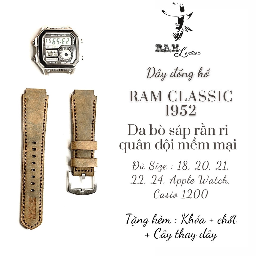 Dây đồng hồ RAM Leather vintage 1952 da bò sáp chiến trận cao cấp