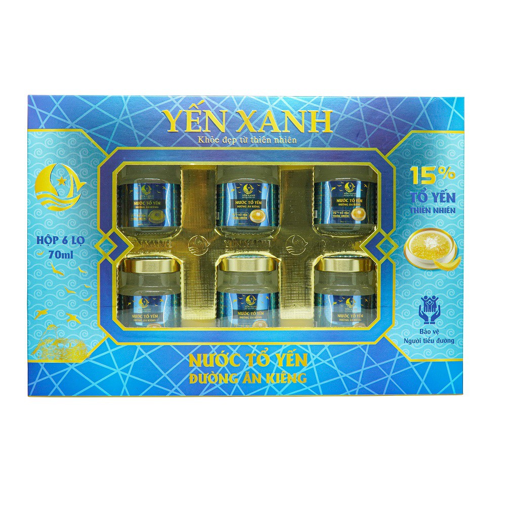 Nước tổ yến đường ăn kiêng - YẾN XANH (15% tổ yến) - Hộp 6 lọ x 70ml, tốt cho người bị tiểu đường, người cần ăn kiên