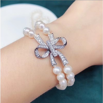 Vòng Tay Ngọc Trai Đôi 7 Ly Khóa Nơ Đính Đá CZ - Ngọc Trai Trường Thịnh