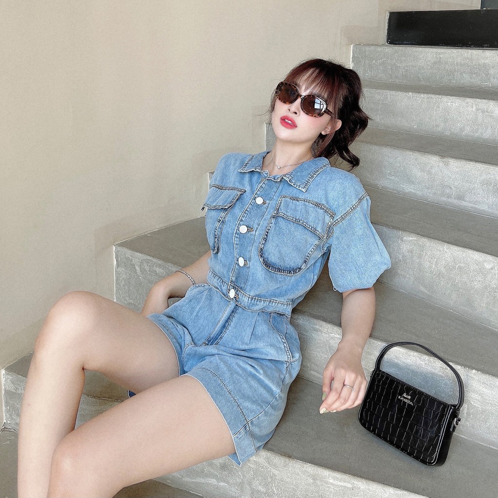 Jumpsuit jean phối túi KAYLIN áo bò liền quần kiểu trẻ trung denim Xanh dương N1501