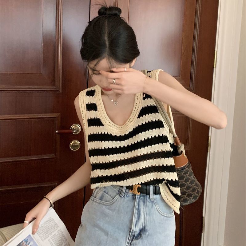 Áo Dệt Kim Hai Dây Dáng Rộng Họa Tiết Kẻ Sọc Trắng Đen Phong Cách Hàn Quốc Thời Trang Mùa Hè Cho Nữ
