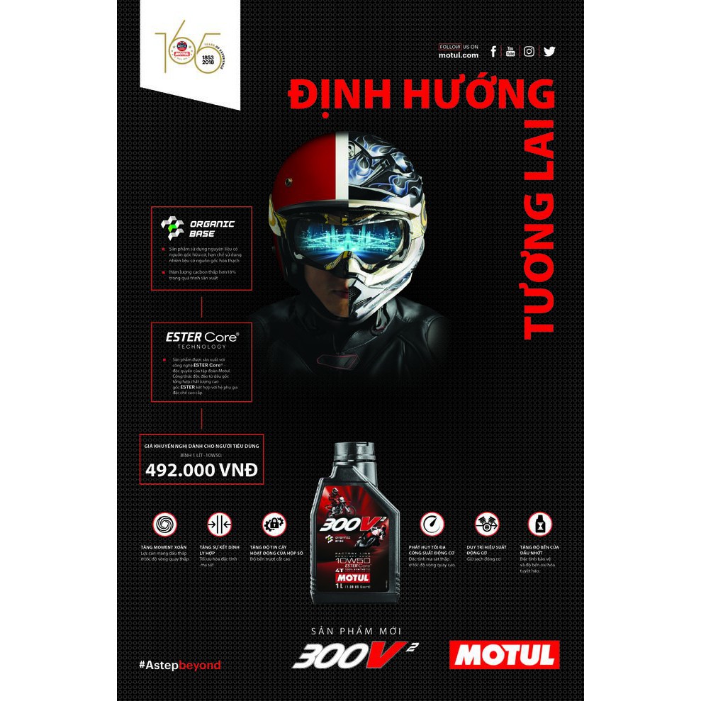 Nhớt Motul 300V2 FACTORY LINE 10W50 100ML,200ML,300ML,400ML dành cho xe số, mô tô