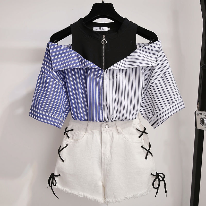 2021 summer new spliced shirt women's Korean version of fake two pieces of design careful machine shoulder leakage chiffon blouse