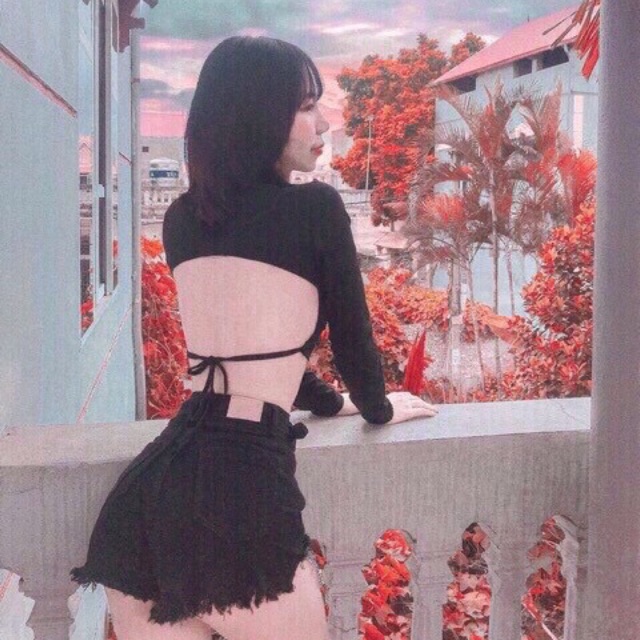 [Mã FASHIONT4WA2 giảm 10K đơn 50K] Áo kiểu khoét hở lưng sexy thun Borip phối dây cột nơ lưng | BigBuy360 - bigbuy360.vn