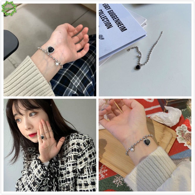 Vòng Tay Chuỗi Hạt Ngọc Trai Đen Mặt Trái Tim Phong Cách Hàn Quốc Cho Nữ