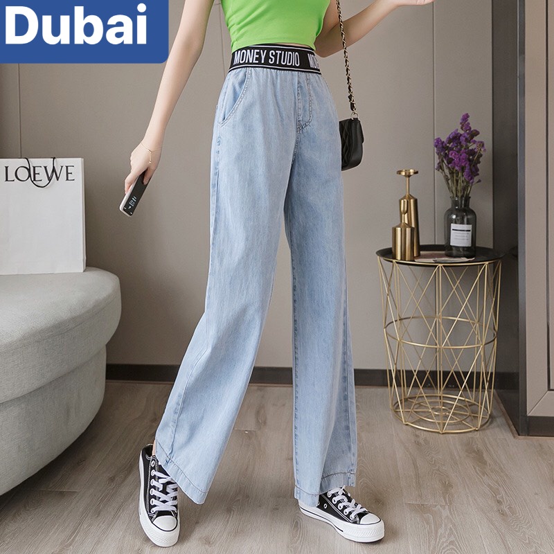 QUẦN BAGGY JEAN NỮ CHẤT BÒ ỐNG RỘNG XANH DÀI LƯNG THUN CẠP CHUN CHỮ LƯNG CAO NÂNG MÔNG NHẬT BẢN  DB-28 CAO CẤP - DUBAI F