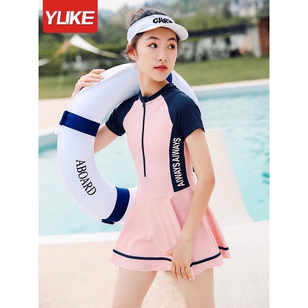 Đồ bơi mẹ và bé gái màu hồng, áo tắm liền thân cặp mẹ và bé cộc tay