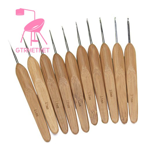 10 móc đan len cán tre đầu kim loại cỡ 0.5 - 2.75 mm