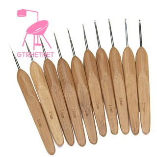 10 móc đan len cán tre đầu kim loại cỡ 0.5 - 2.75 mm