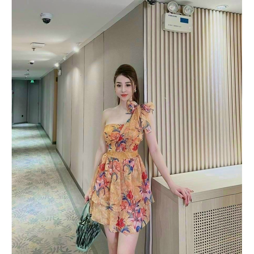 (FreeShip 2022) Đầm thiết kế lệch vai cột nơ,đầm hoa dáng xòe tầng,chất voan 2 lớp hàng chuẩn shop lên from cực xinh