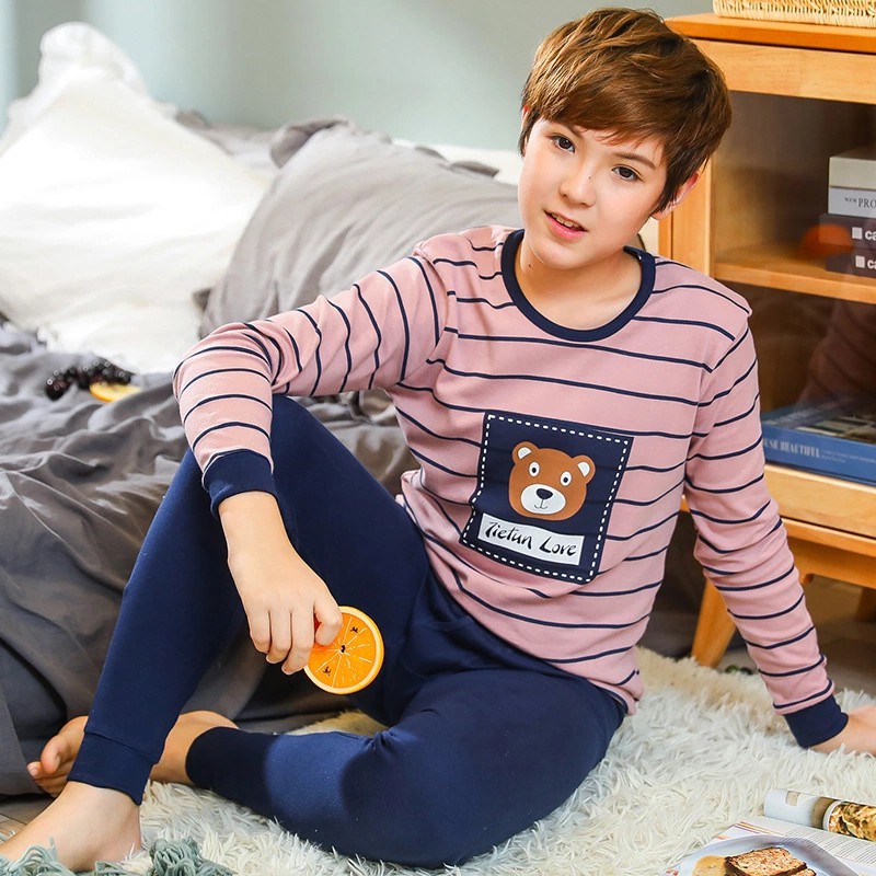 Teen Kids Clothes 2pcs/set Cotton Sleepwear 8-18Yrs Boy Pajamas Suit Cartoon Bear Homewear