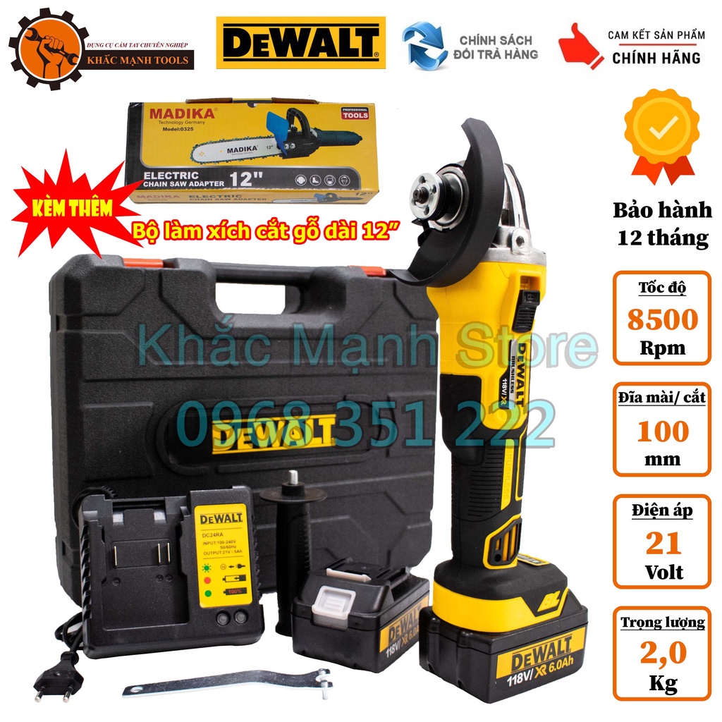 Máy Mài Pin Dewalt 199v Không Chổi Than, (Công Tắc Sườn) Tặng Kèm Bộ Lam Xích