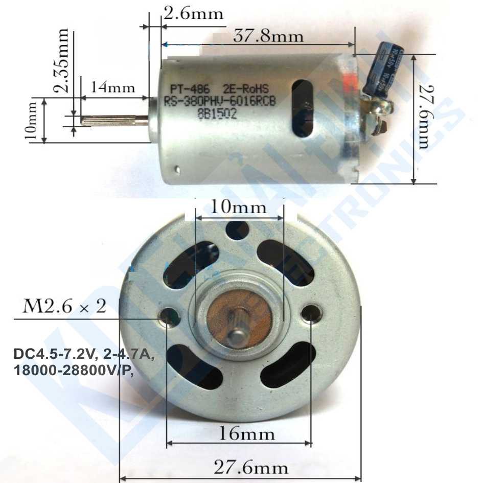 động cơ DC RS-380 6V 24000V/P 4.5-7.2V 20W, trục 2.35mm, CÓ TỤ kde2618