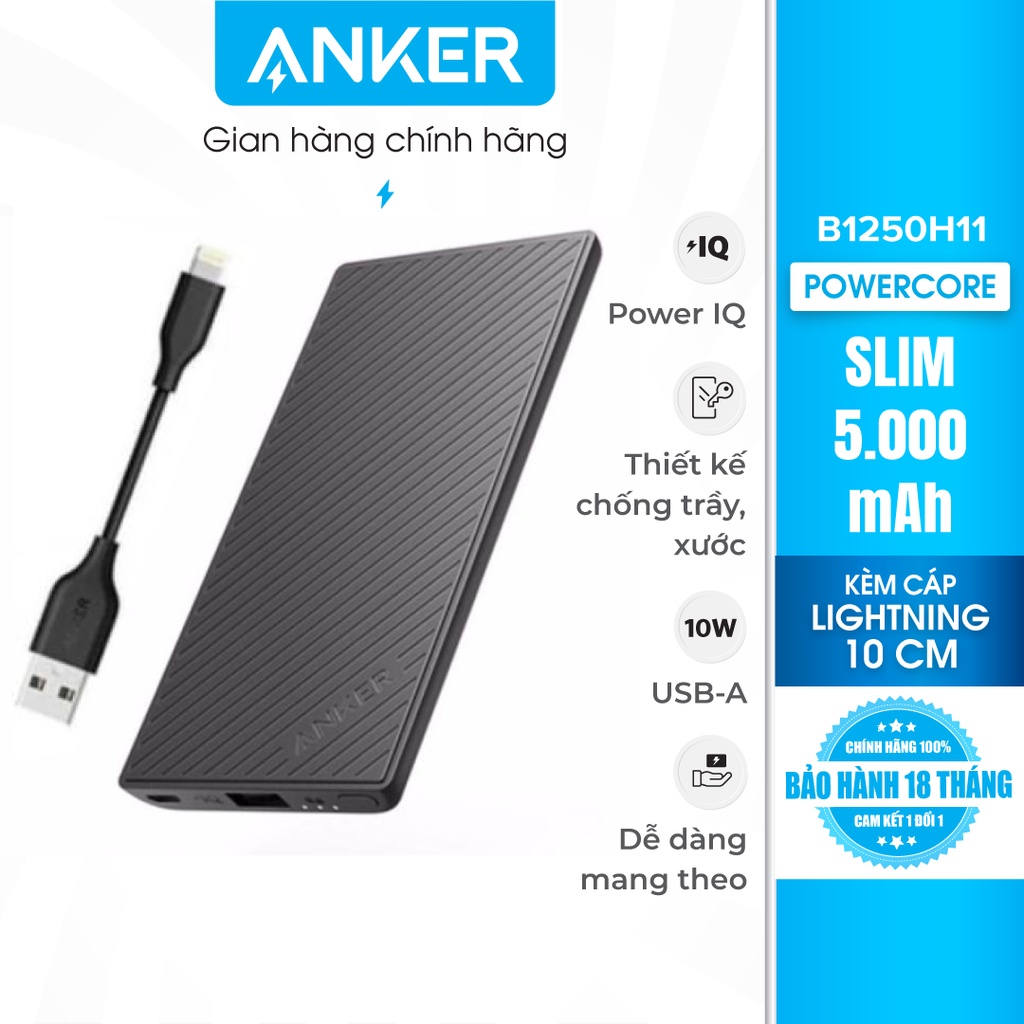 Pin sạc dự phòng ANKER PowerCore Slim 5000 kèm cáp Lightning dài 10cm - B1250H11