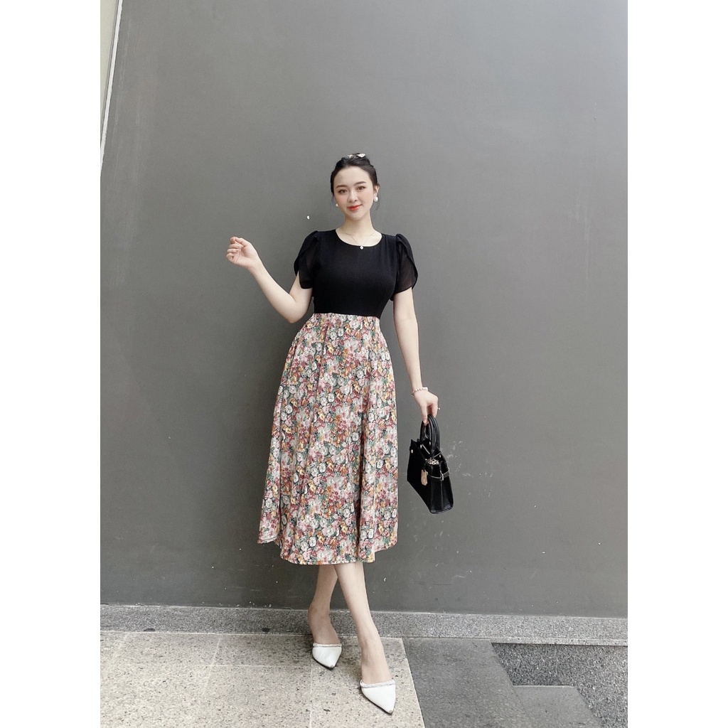 Đầm xòe phối chân váy hoa thanh lịch DAM07 - Lady Fashion