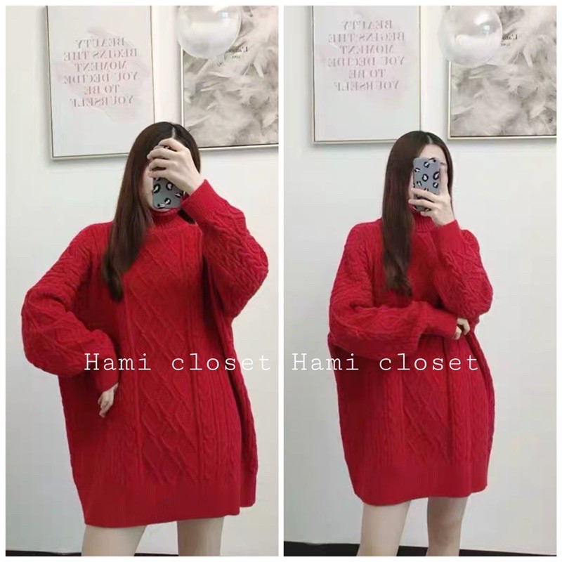 Áo len cổ lọ chất dày hoạ tiết xương cá dáng dài hàng quảng châu cao cấp