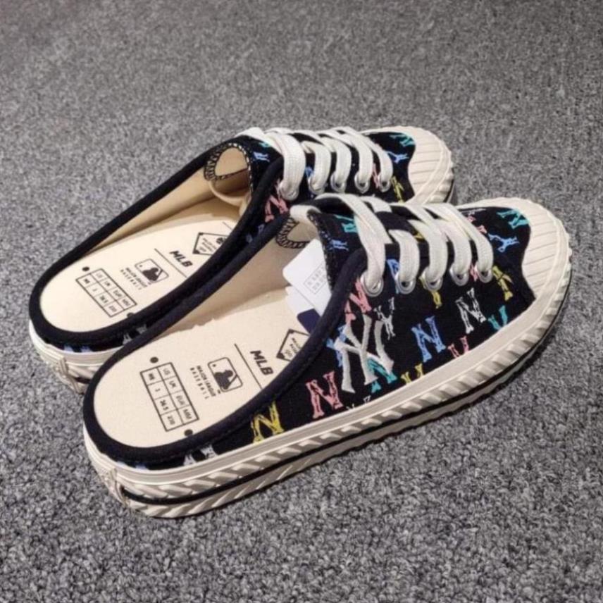 Giày Sục nữ lười thể thao MLB ny đạp gót màu Đen Hoạ Tiết sneaker nam nữ Hot trend