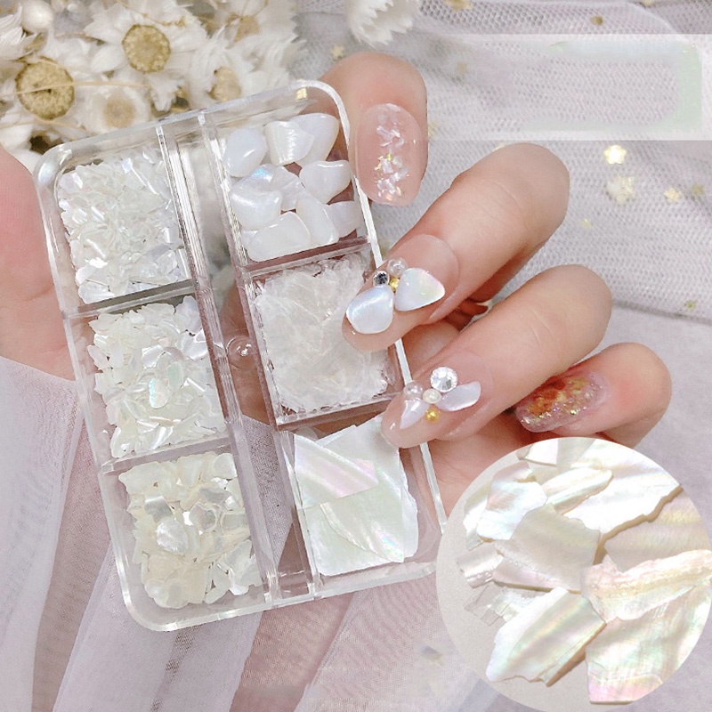Hộp Đá Vỏ Sò 3D Nhiều Màu Sắc Dùng Trang Trí Móng Tay 6 Girds