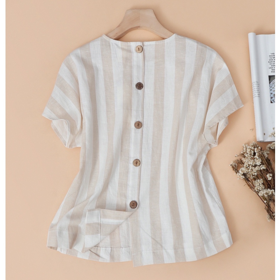 Áo cánh dơi Linen sọc trắng kem KACHISA 642