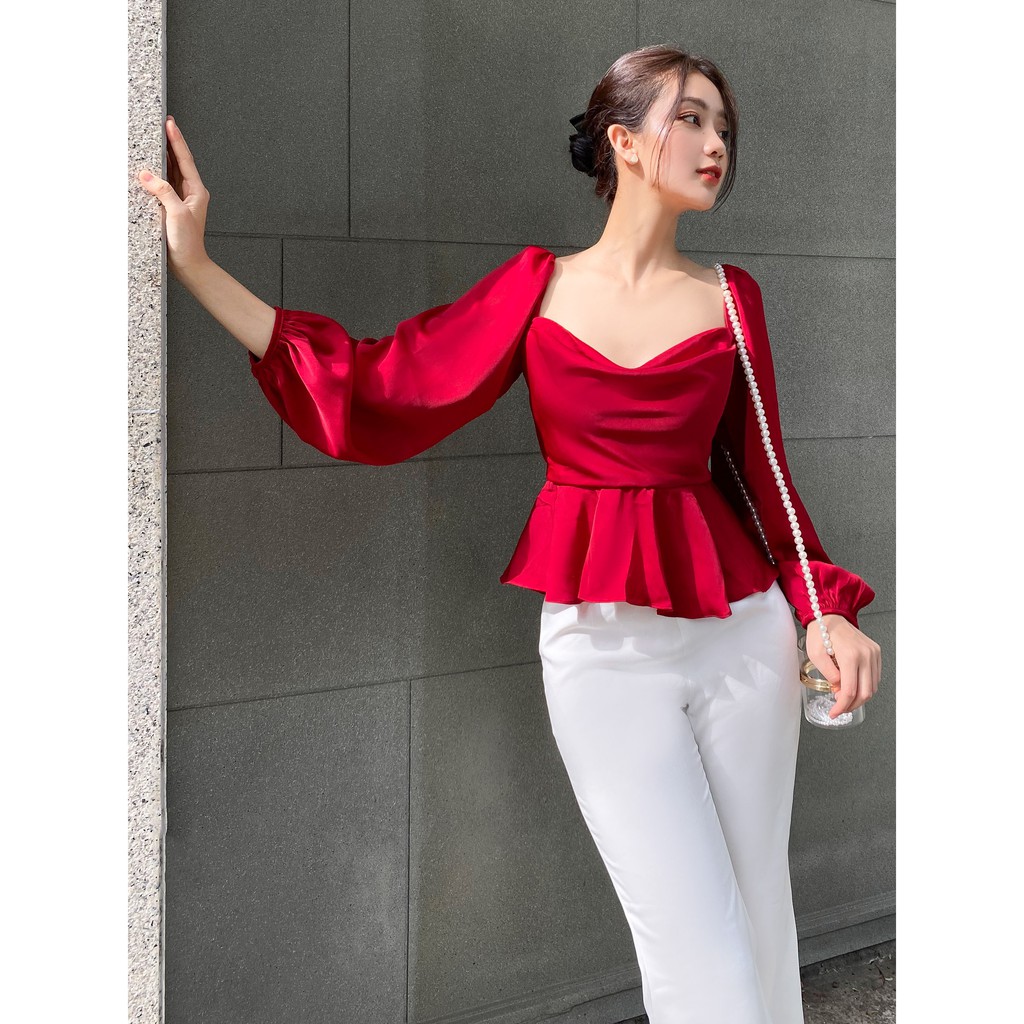 RECHIC Áo Kiểu Monissy màu đỏ cổ thuyền cột dây nơ lưng tay dài chiết eo xinh xắn thanh lịch đi chơi đi làm