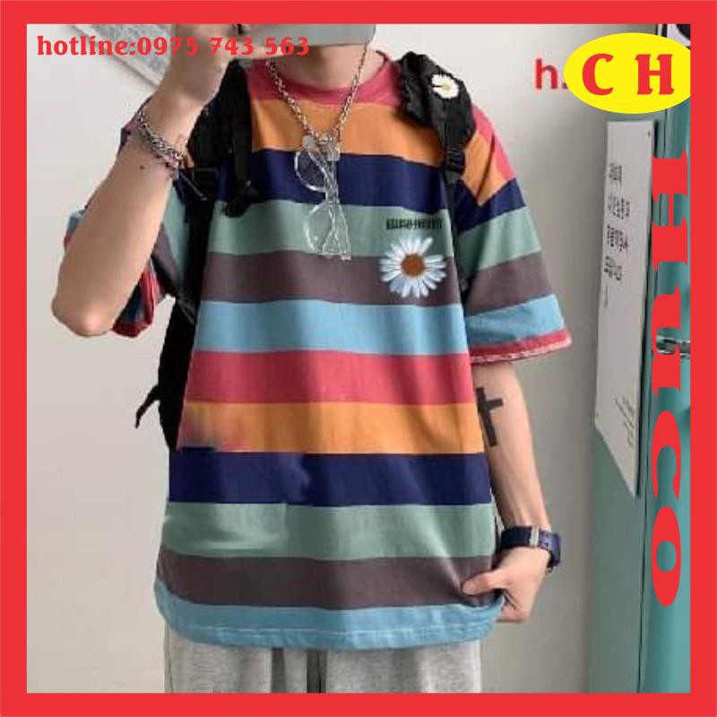 Áo Phông 👉Áo Thun Kẻ Ngang Hoa Cúc 👉Tay lỡ-dáng rộng-chất liệu cotton thoáng mát-cực ngầu hàng hottrend Mã ADO02