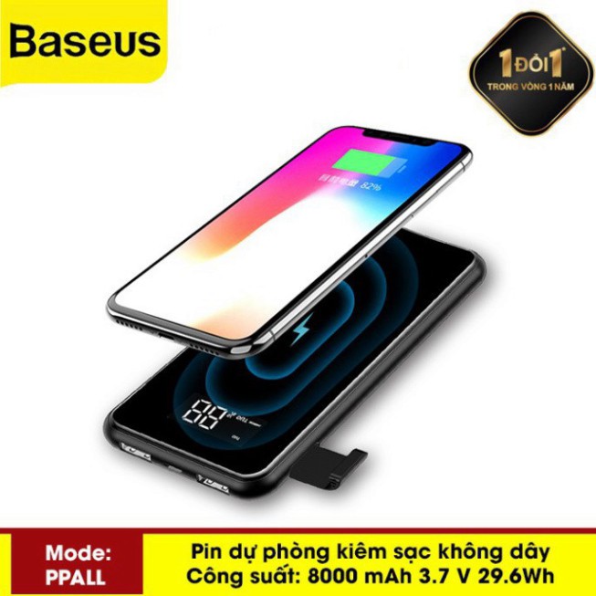 Pin Dự Phòng Basues 8000mah Kiêm Sạc Không Dây 2 Cổng USB, Thiết Kế Nhỏ Gọn, Sạc Được Nhiều Thiết Bị