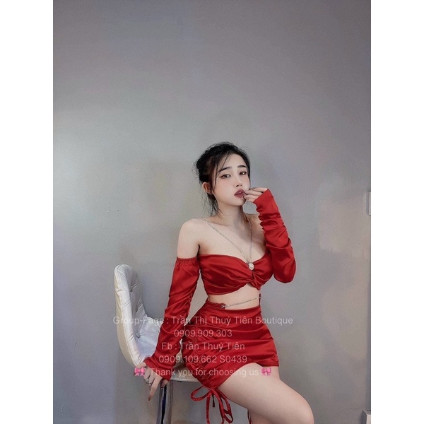 Set áo trễ vai kết đá + Chân váy rút dây