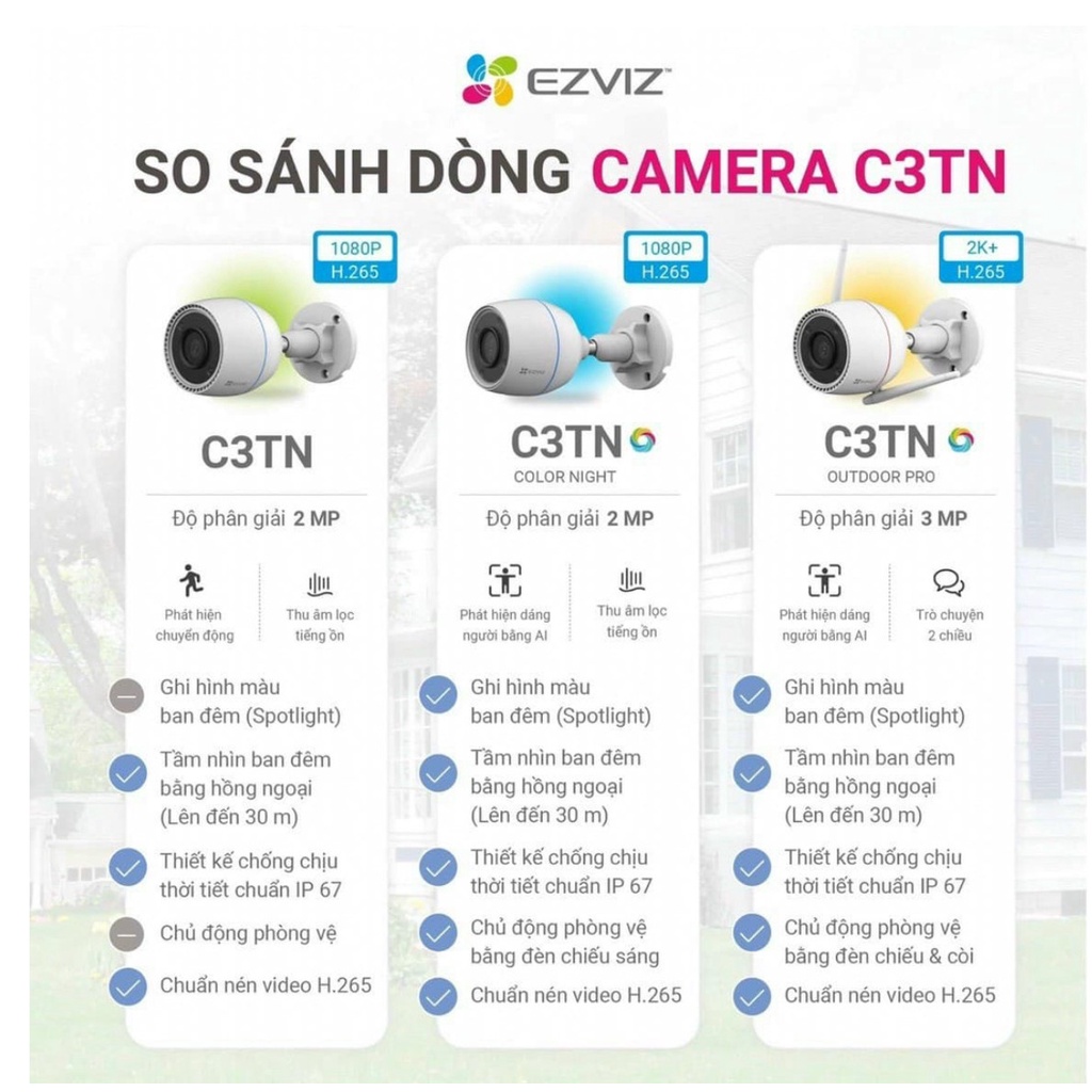 Camera Ezviz C3TN 3MP 2K / 1080P 2MP Ngoài trời - Có mầu ban đêm - AI Thông minh