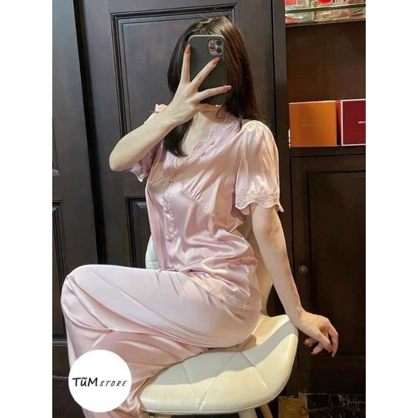 Set bộ lụa cộc tay quần dài cao cấp phối ren nút kiểu lấp lánh