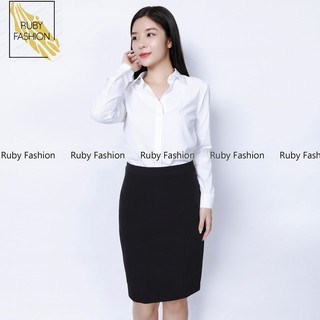Bộ đồ công sở Ruby Fashion gồm chân váy dài kèm áo sơ mi dài tay 2 màu
