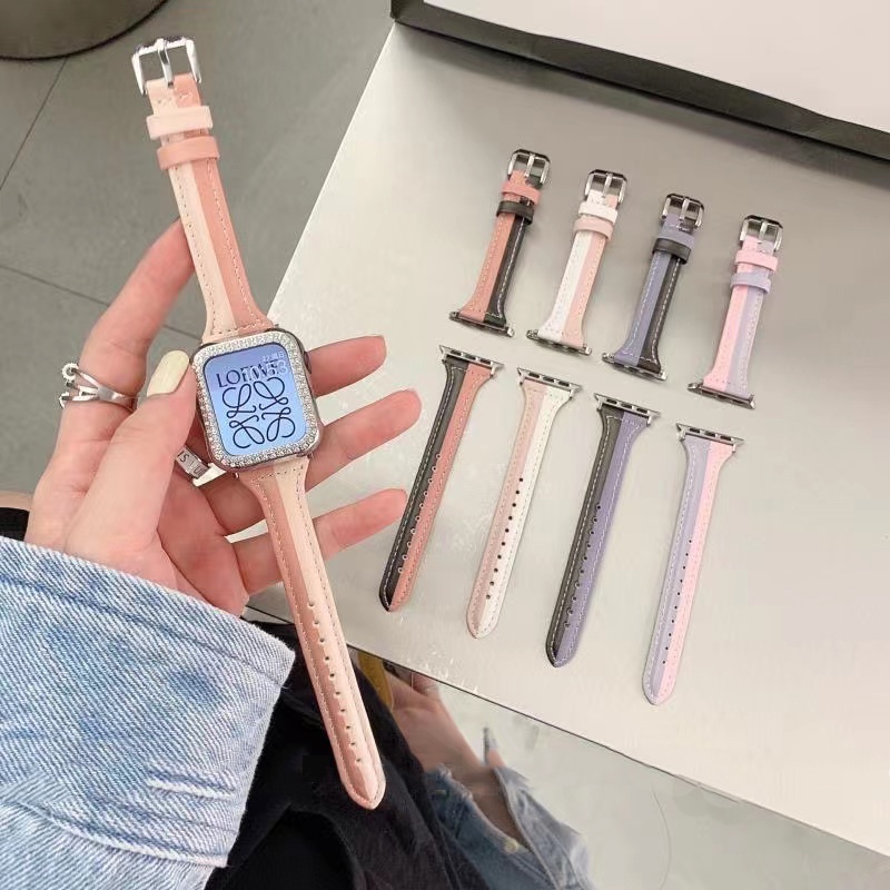 Dây đeo thay thế cho đồng hồ thông minh Apple 40mm 44mm 38mm 45mm Series 7 SE 654321 Đồng hồ dây da màu sắc tương phản cho nữ