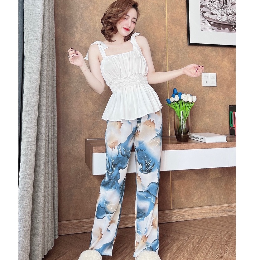 Bộ mặc nhà nữ SOJUN Bộ Dài Mango Phối Latin Chạy Thun &lt;65 kg