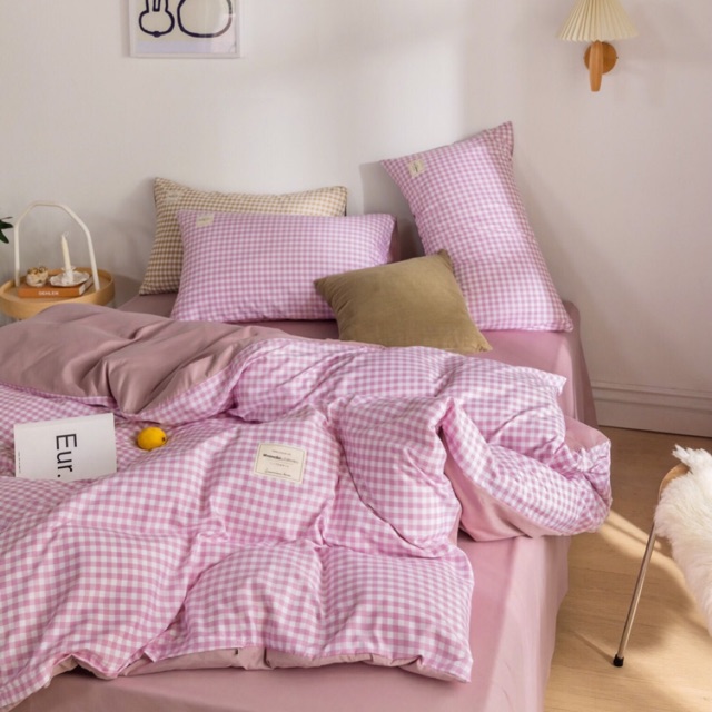 Set Chăn Ga Gối Cotton TC Kẻ Caro Tím