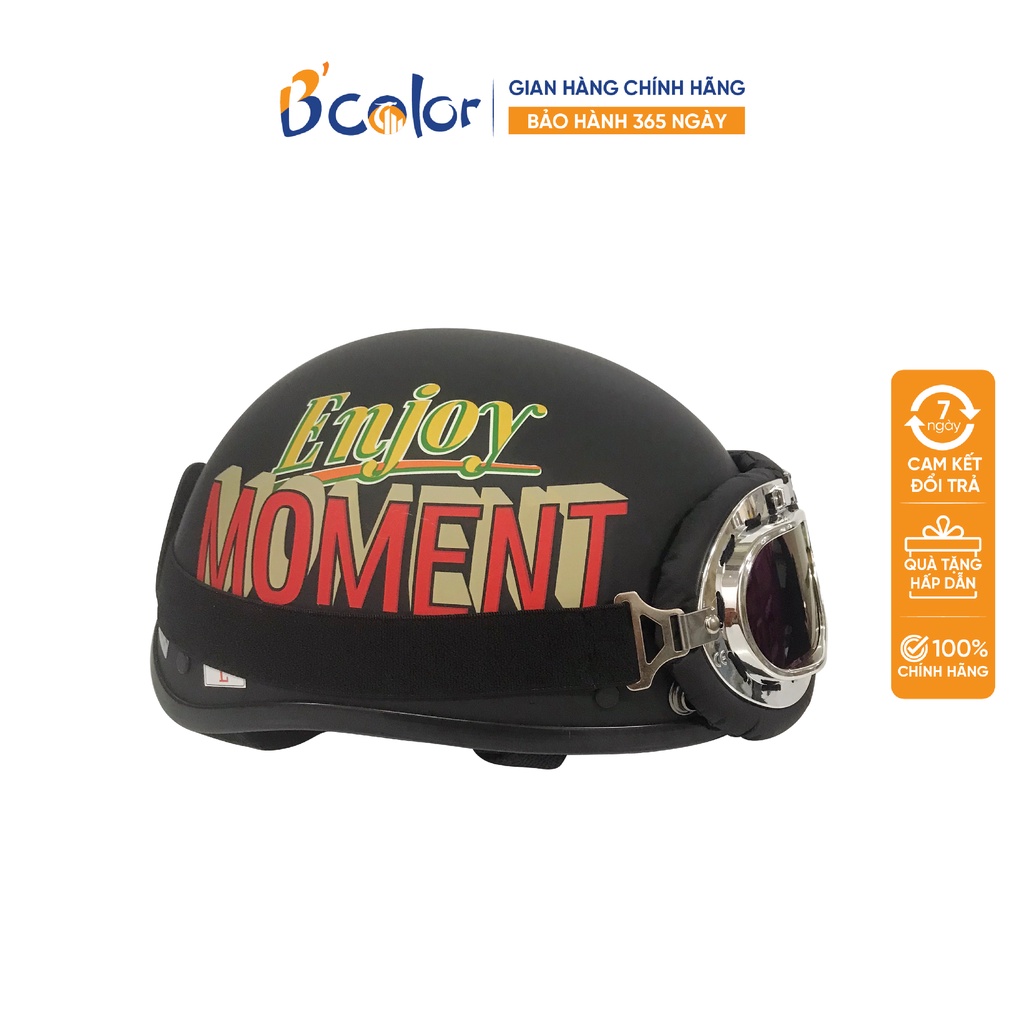 Mũ Bảo Hiểm B'color Loại Nửa Đầu Màu Đen Nhám Họa Tiết Enjoy moment Kèm Kính Thời Trang