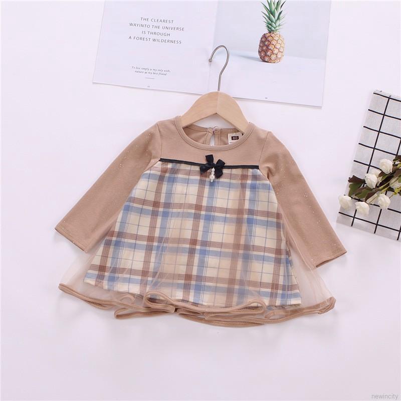 Váy thời trang tay dài họa tiết sọc ca rô đáng yêu cho bé gái