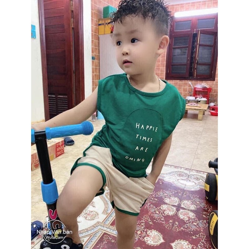 [Mã KIDSEOM giảm 5k đơn bất kỳ] Bộ Ba Lỗ Chất Cotton Đũi Happie Chạy Viền Cho Bé NamkidShop (QATE293)