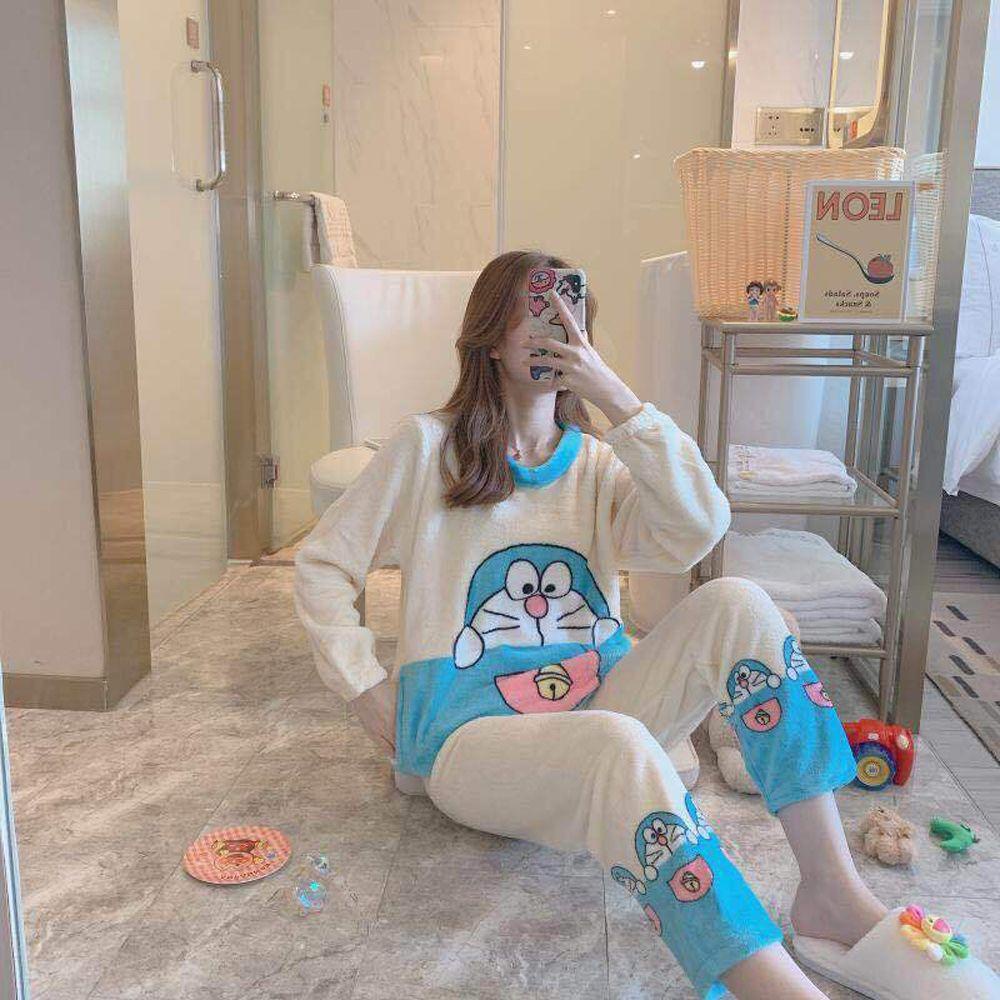 OCEANMAP Bộ Đồ Ngủ Lông Cừu San Hô Hình Minions Hợp Thời Trang Thu Đông Phong Cách Hàn Quốc Cho Nữ