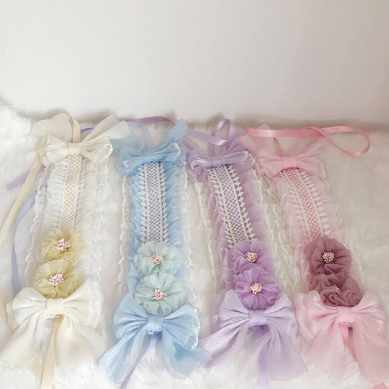 Băng đô ruy băng dài phối vải ren nhiều lớp đính nơ hoa phong cách lolita tiệc tùng dành cho nữ