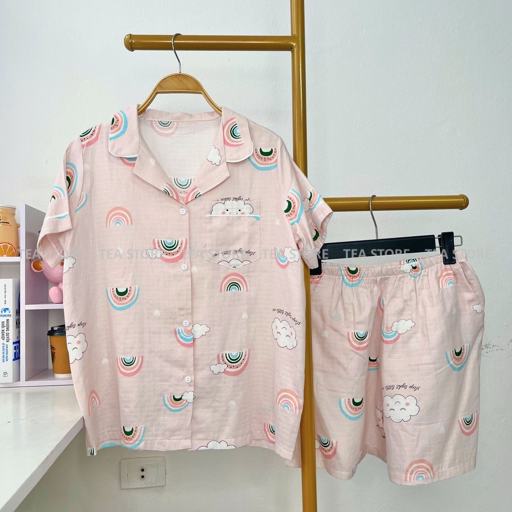Bộ mặc nhà pyjama chất xô tre Tea Store áo cộc họa tiết dễ thương