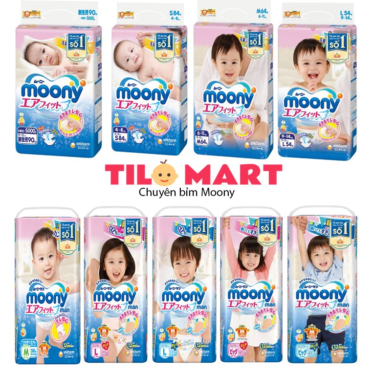 Bỉm dán/ Bỉm quần Moony đủ size dán NB90/S84/M64/L54/XL44, quần M58/L44/XL38/XXL26