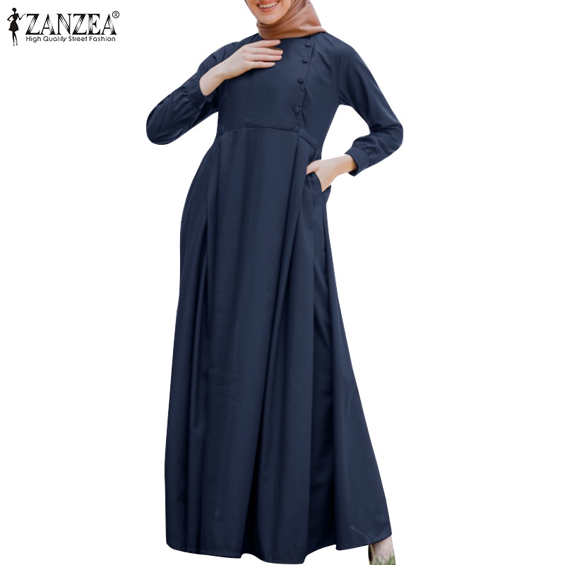 Đầm maxi ZANZEA tay dài cổ tròn có túi phong cách người Hồi giáo cho nữ