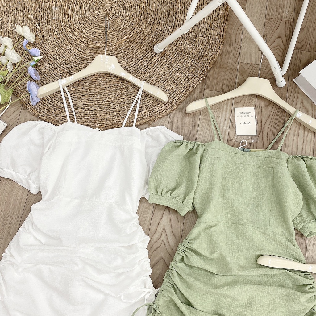 Váy trễ vai rút dây điều chỉnh độ dài ,đầm vải xốp hạt đẹp -Minxy shop
