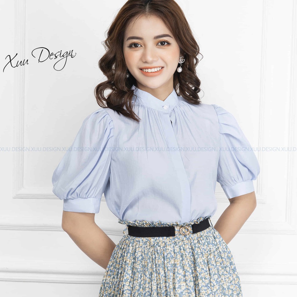 Áo sơ mi nữ công sở tay lửng cổ tàu Xuu, thiết kế tay bồng xếp ly SP37