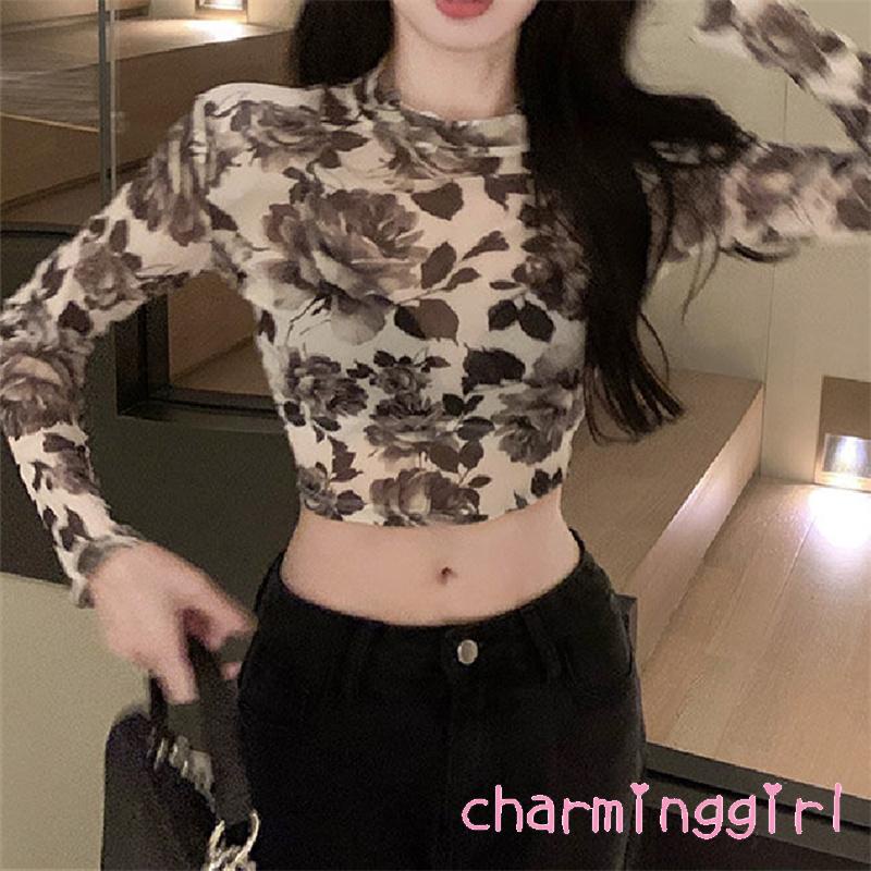 Áo Croptop Tay Dài Cổ Tròn In Họa Tiết Hoa Phong Cách Retro Dành Cho Nữ
