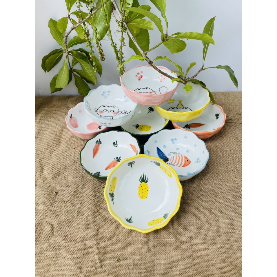 Bát Tô Nông Cho Bé Ăn Dặm, Đĩa Nhật Decor Hoạt Hình Cá, Mèo Cute, Bát Chè,... Đường Kính Miệng 13cm - Gốm Sứ Bát Tràng