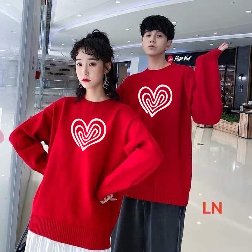 Áo đôi màu đỏ nỉ bông.in hình trái tim xoắn ốc