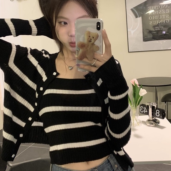 Set áo cardigan tay dài + áo hai dây ZHELIHANGFEI dệt kim họa tiết kẻ sọc gợi cảm dễ phối đồ cho nữ