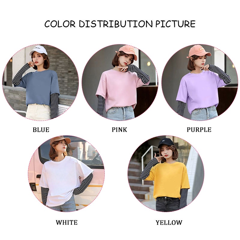 Áo Thun Giả Hai Lớp Tay Dài Cổ Tròn Dáng Rộng plus size Phong Cách Hàn Quốc
